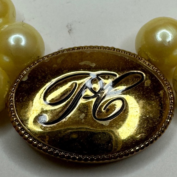 Avon Necklace Vintage 2 Strand Faux Pearl Gold Tone Rhinestone PC Initials - Picture 2 of 9